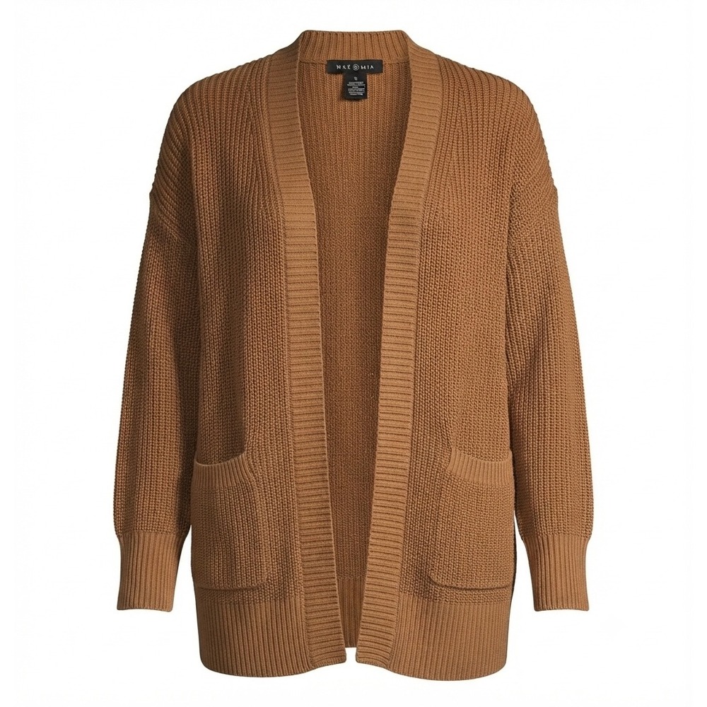 Max & Mia Brown Open Front Cardigan Sweater Size S Chunky Knit Pockets Cotton